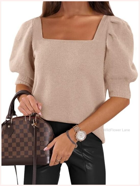 Sweaters - Puff Short Sleeve Knit Pullover Square Neck Loose Fit Casual